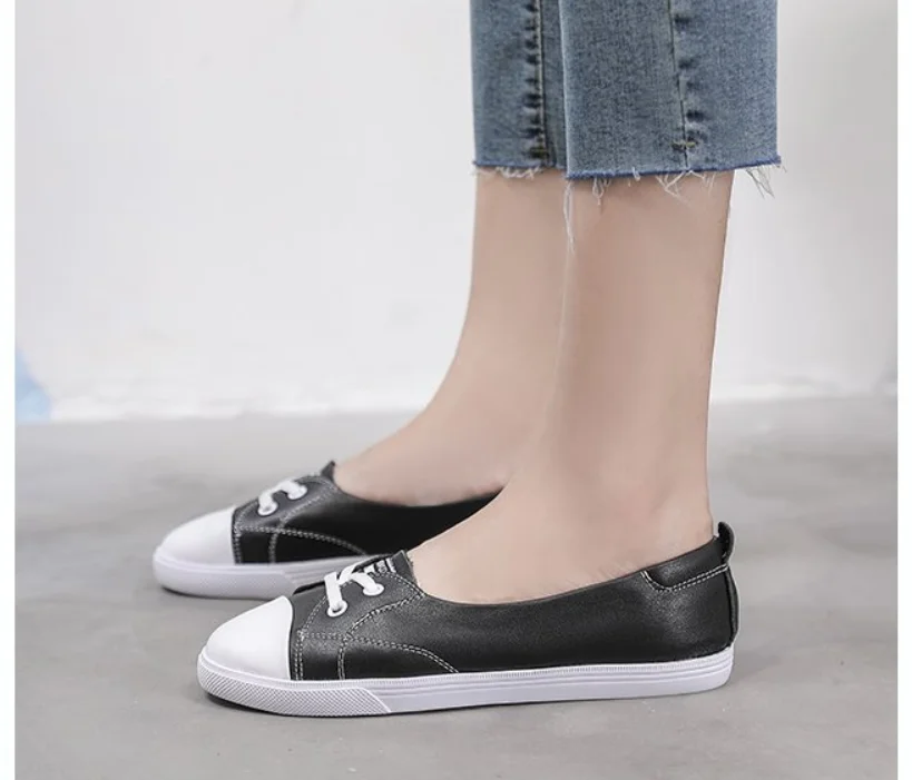 Women Casual Shoes Comfortable White Nude Sneakers Fashion Lace-Up Split Leather Girls Flats | Обувь