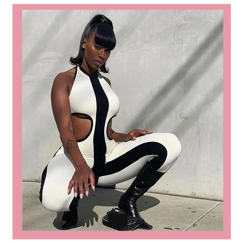 Женский комбидресс с лямкой на шее Белый/Черный в полоску без рукавов вырезами