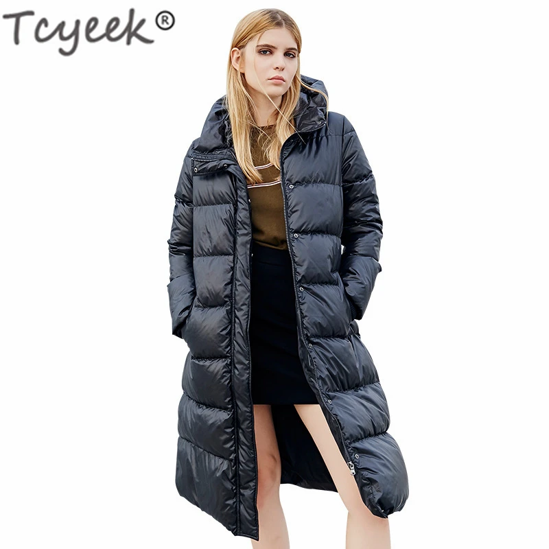Женский длинный пуховик Tcyeek толстый на 90% белом утином пуху теплая одежда с