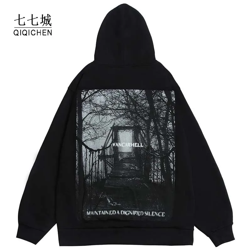 

Женский пуловер оверсайз в стиле Харадзюку, Повседневный хлопковый свитшот с капюшоном и принтом мостика, 2022