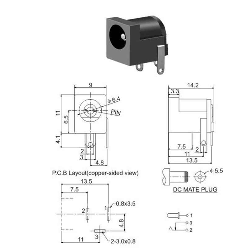 10 шт. DC-005 PCB крепление 5 5x2 1 Женский DC разъем питания DC005 5*2 1/2 3Pin черный |