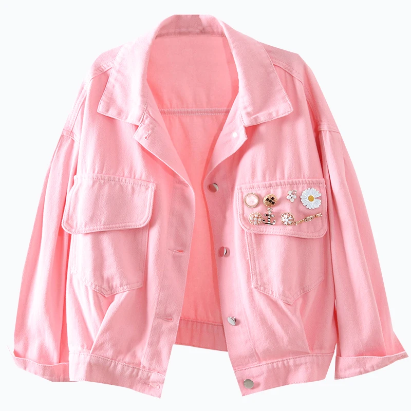 Женская джинсовая куртка Vefadisa однобортная с отворотом и цветком розовая