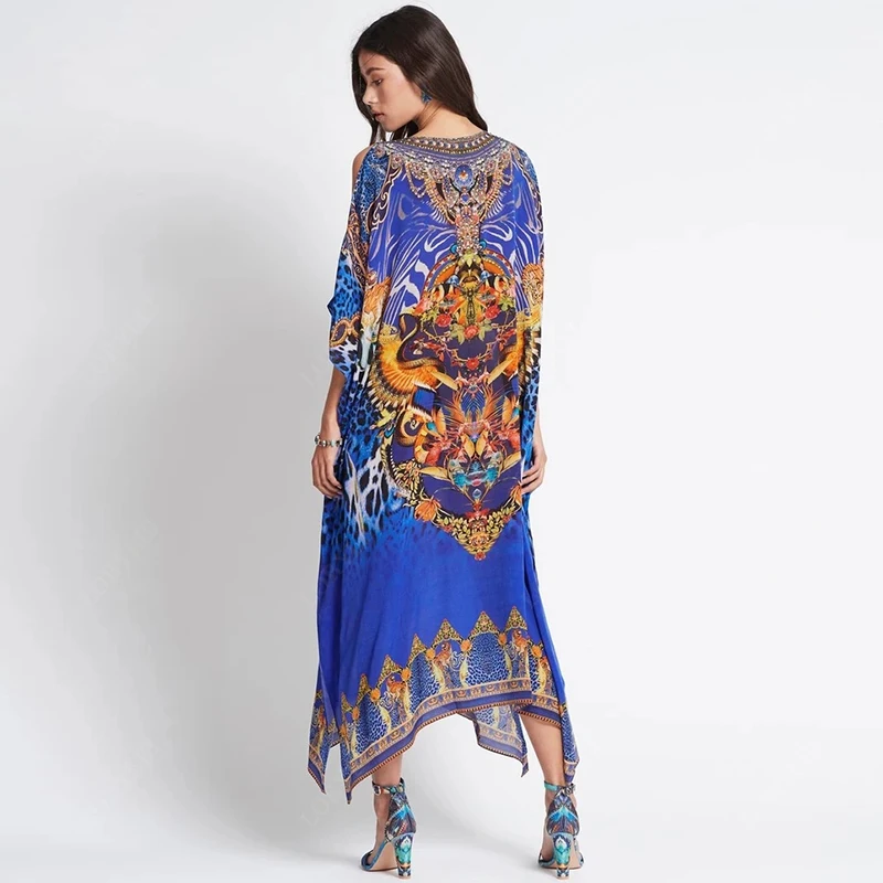 

2021 Blue Bohemian Printed Bikini Cover-ups Sexy Lace-up Side Split Summer Beach Dress Women Beach Wear Swim Suit Cover Up