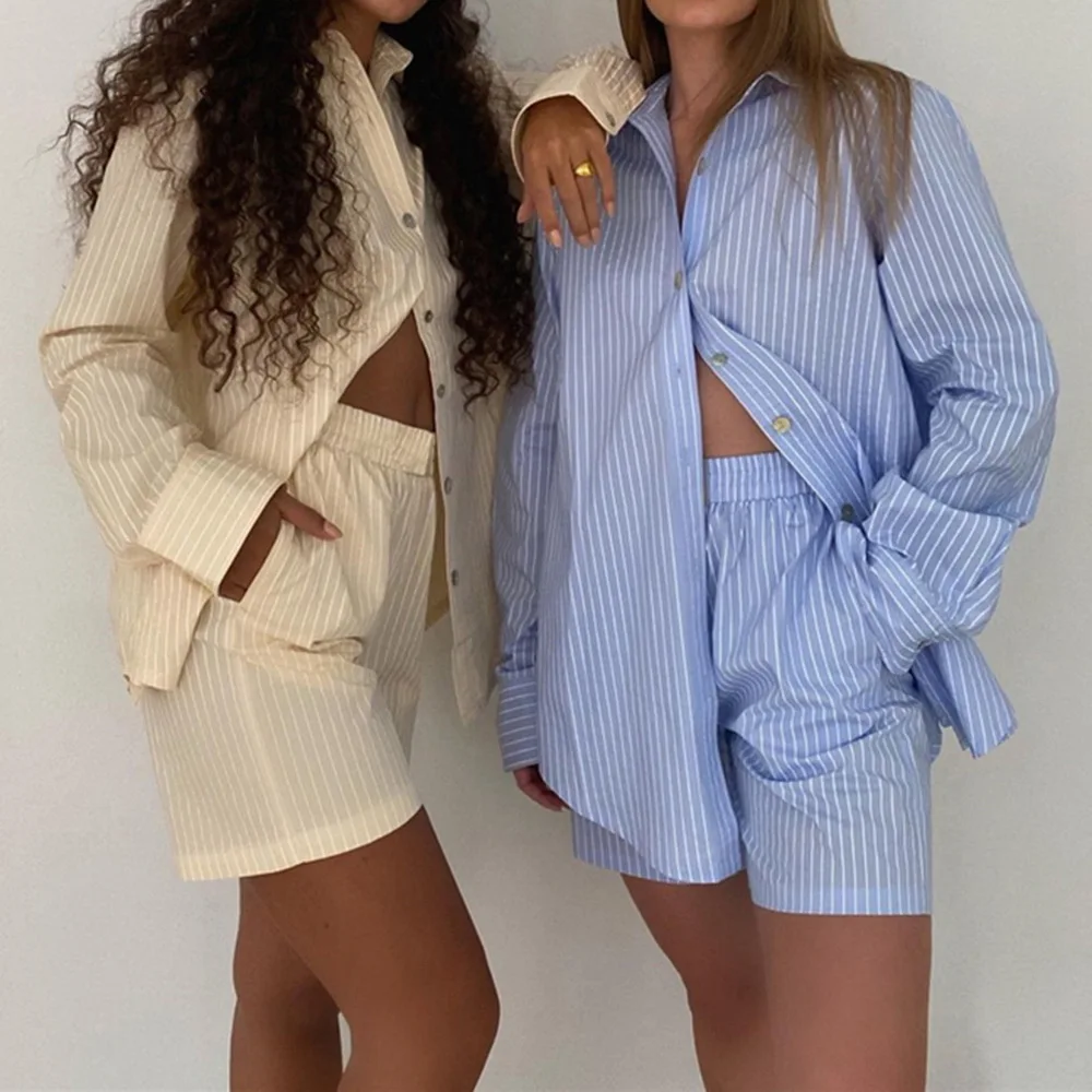 

Loung Wear Tracksuit Women Shorts Set Stripe Long Sleeve Shirt Tops And Loose High Waisted Mini Shorts Two Piece Set 2021