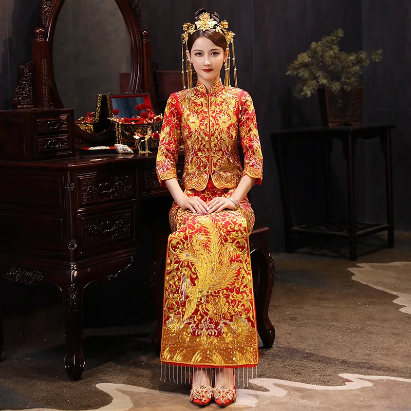 Embroidery Dragon Phoenix Stylish Bride Wedding Dress Satin Vintage Cheongsam Oriental Classic Vestidos китайское платье