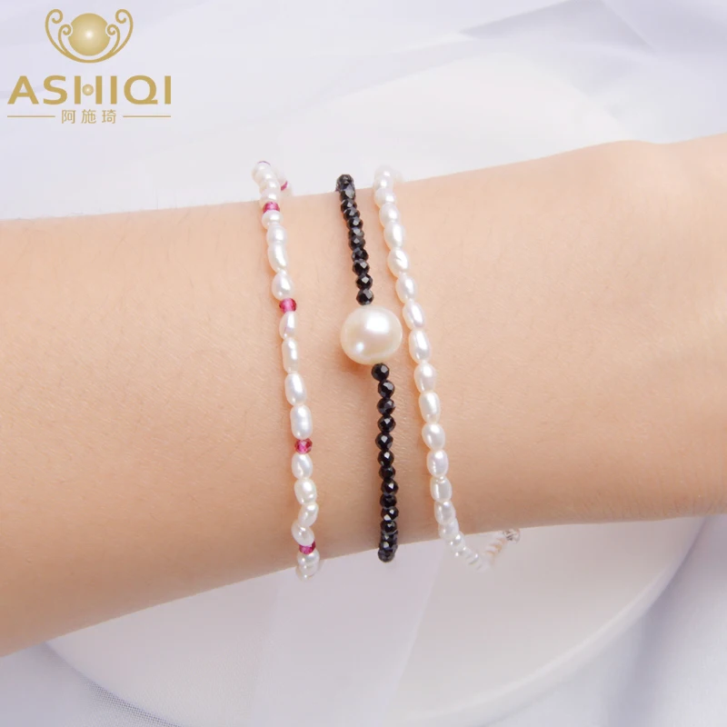 

ASHIQI Real Mini Natural Freshwater Pearl Strand Bracelet for Women with Obsidian Jewelry Gift
