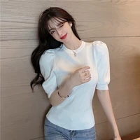 korean puff sleeve sweater short sleeve white knitwear women spring summer solid o neck pullover knitted top fashion jumpers