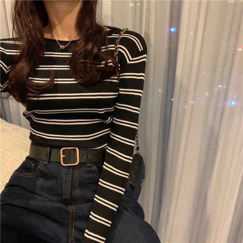Women Long Sleeve Fashion Striped Sweaters O Neck Bottoming Slim Sweater Female Casual Pullover Tops |