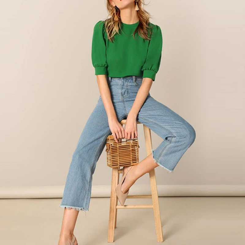 Женский Повседневный однотонный топ с вырезом на спине зеленая блузка пышными