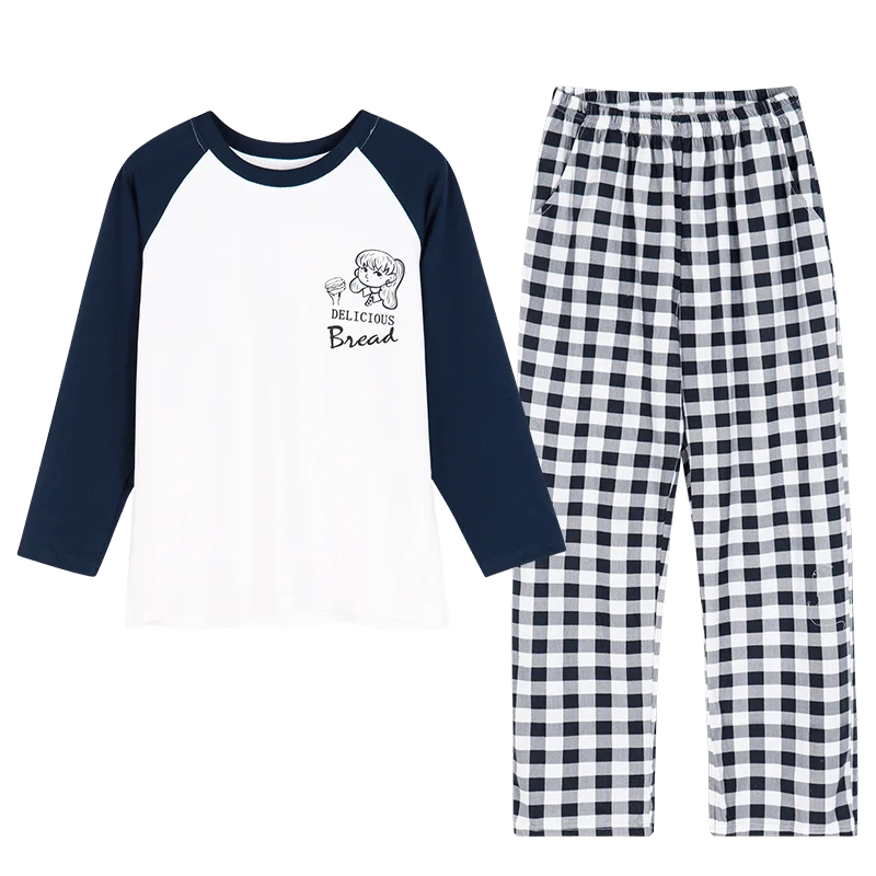 

Plaid Pyjamas Cartoon Printed Women's Pijama Round Neck Sleepwear Loungewear Home Suit Long Sleeves Long Pants Pajamas Sets