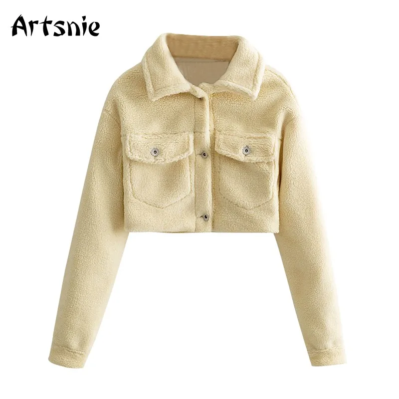 

Artsnie/уличная одежда; Повседневные флисовые пальто с карманами; Женские укороченные куртки с отложным воротником и длинными рукавами; Сезон ...