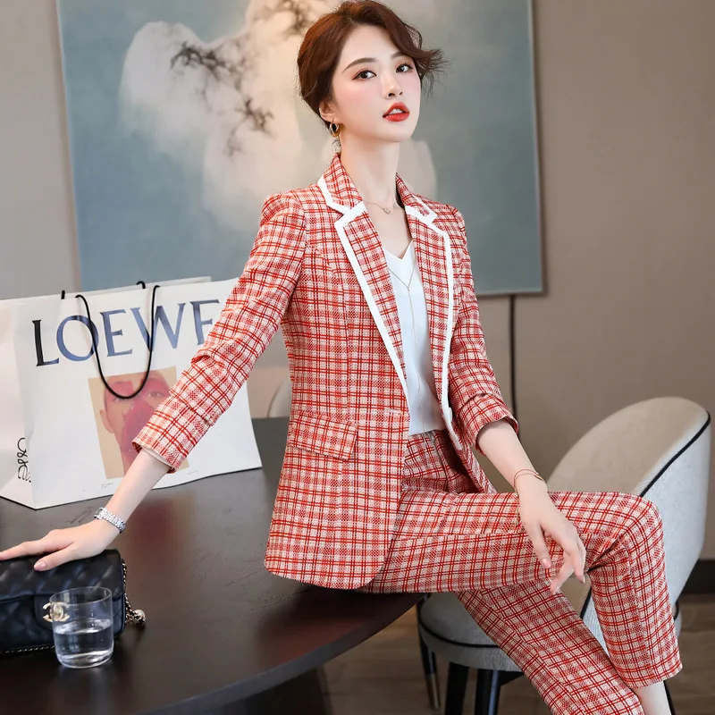 Женский облегающий клетчатый костюм с брюками Осень-зима 2020 деловая одежда в