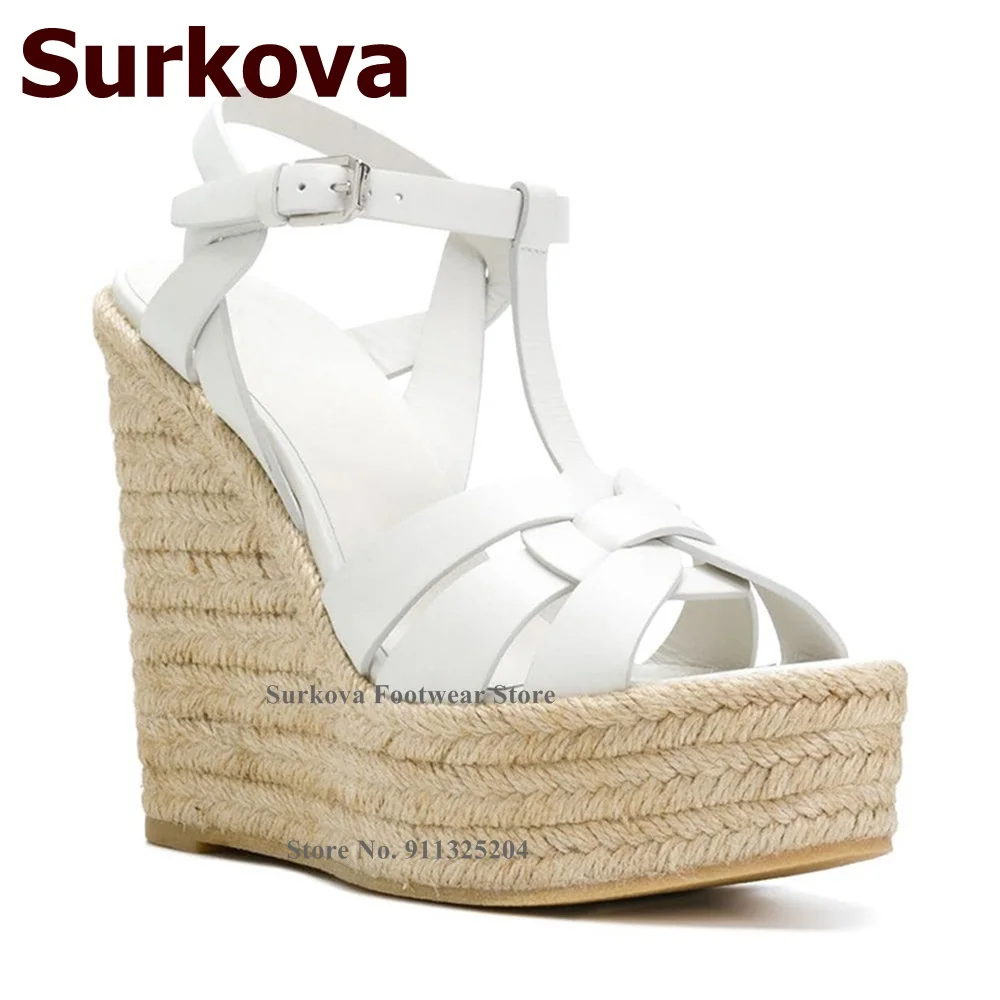 

Surkova Rope Plaited Weaving Wedge Heel Sandals Women Cross Strap Buckle Platform Dress Shoes Size46 Gladiator Pumps Brown White