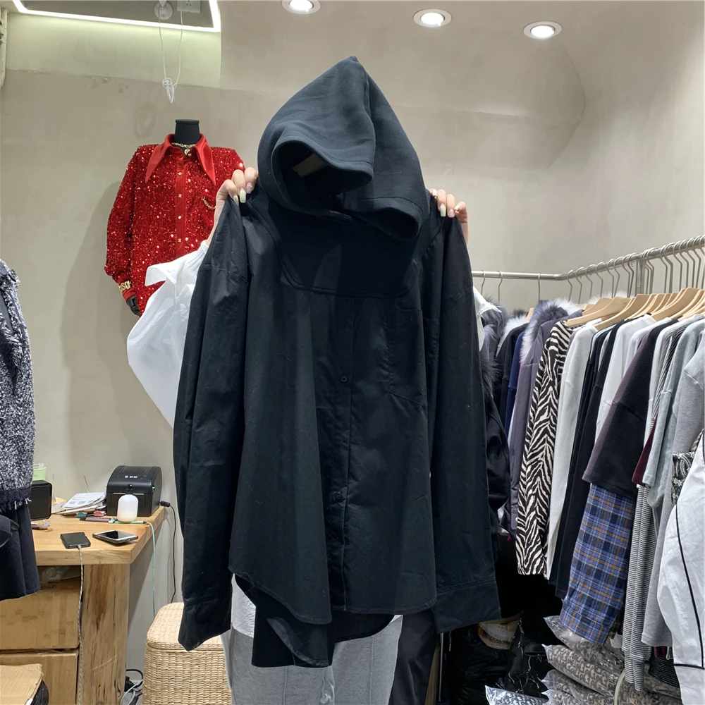 

Han Guodong door new winter leisure loose hooded before joining together short after long pure color pocket female shirts