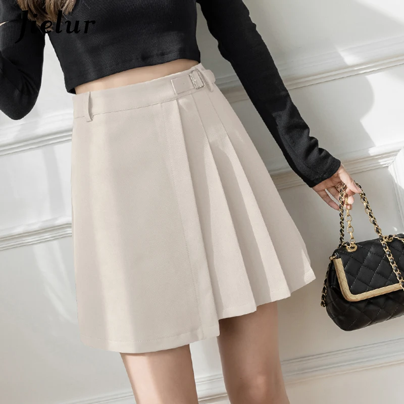 Jielur Юбка плиссированная абрикосовая с высокой талией Элегантная черная короткая