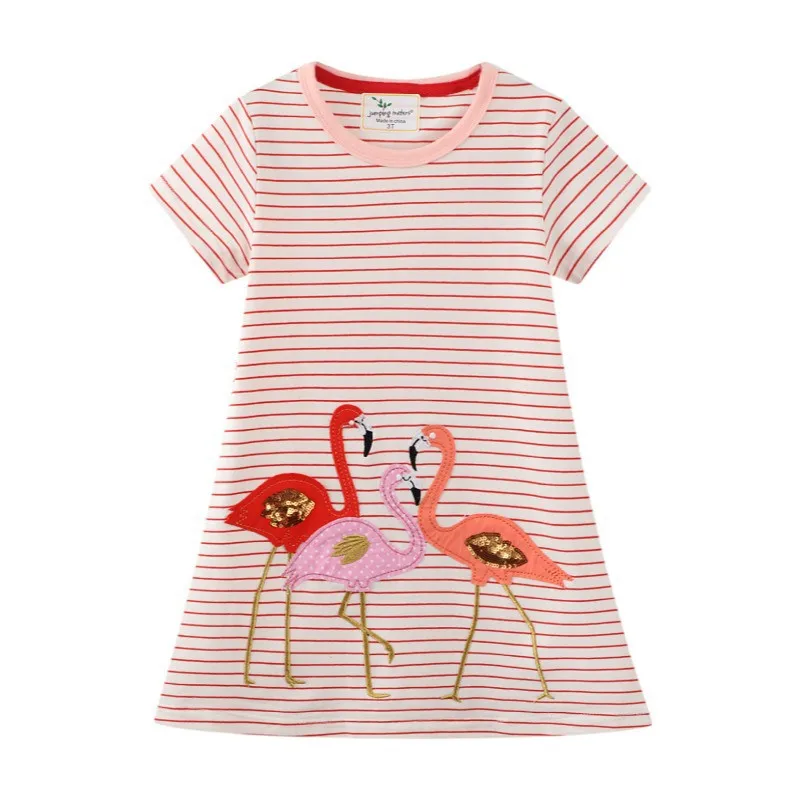 

Jumping Meters Children's Flamingo Embroidery Princess Girls Dresses Stripe Summer Short Sleeve Toddler Kids Frocks Costume Girl