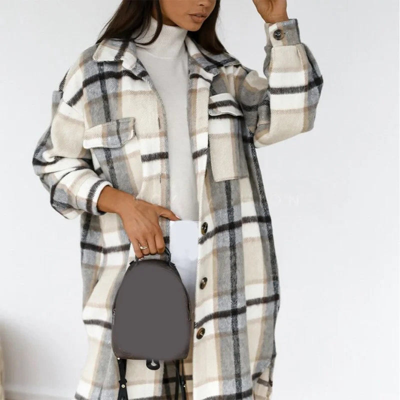 

new Arrivals Winter Checked Women Jacket Down Overcoat Warm Plaid Long Coat 2020 Oversize Thick Woolen Blends Female Streetwear