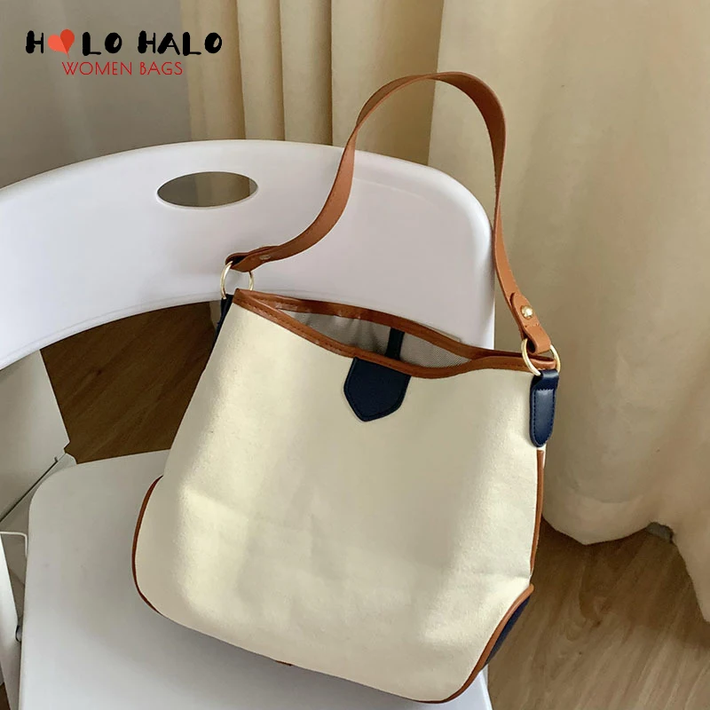 

Retro Canvas Shoulder Bag of Women Casual Purses and Handbags Simple Female Splicing Pu Leather Solid Color Desiger Bucket Bag