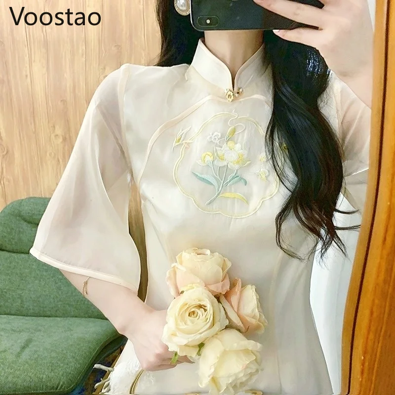 

Chinese Style Traditional Qipao Dress Summer Vintage Elegant Floral Embroidery Cheongsams Dresses Women Chic Oversize Slim Dress
