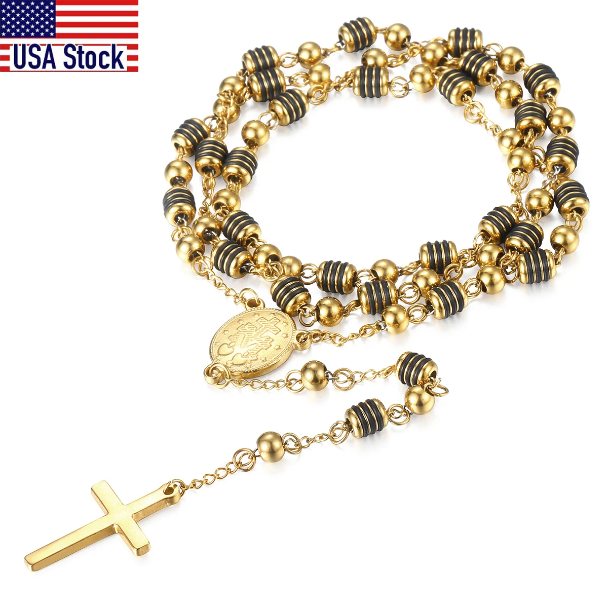6mm Rosary Jesus Christ Cross Pendant Necklace Gold Tone Black Tone Stainless Steel Bead Long Chain Women Men Fashion Jewelry