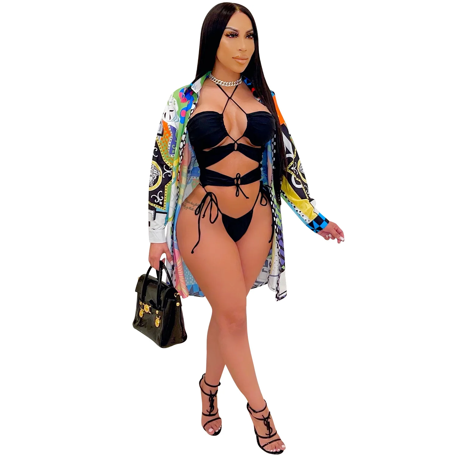 

Sexy Lace Up Bikinis Set Halter One Piece High Waist Thong and Print Cover-ups Swimming Beach Bathing Suit Hollow Out Romper Hot