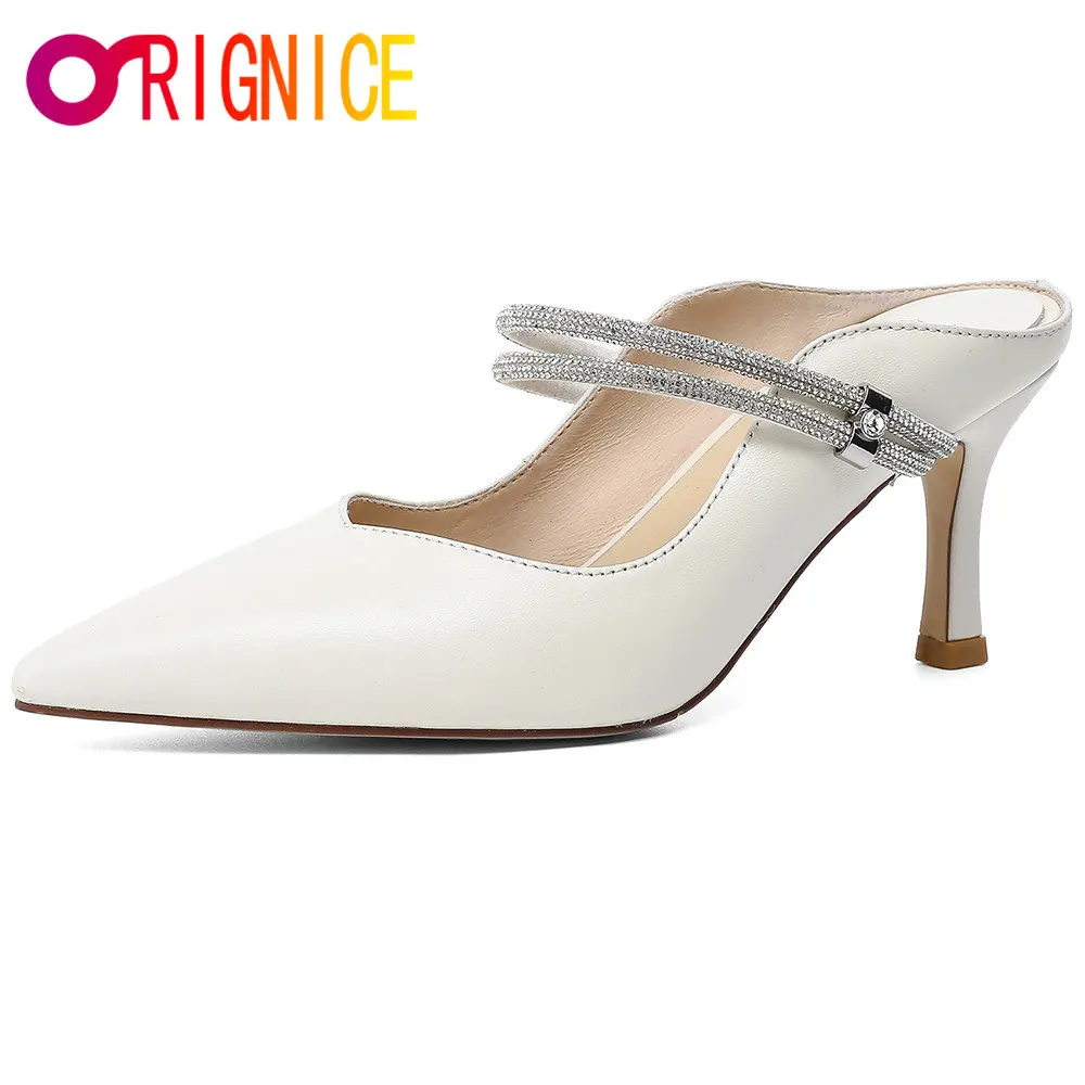 

Brand Design Elegant Mules Sandals Kitten High Heel Pointed Toe Bling Rhinestone Ankle Strap Pumps Genuine Leather Dress Shoes