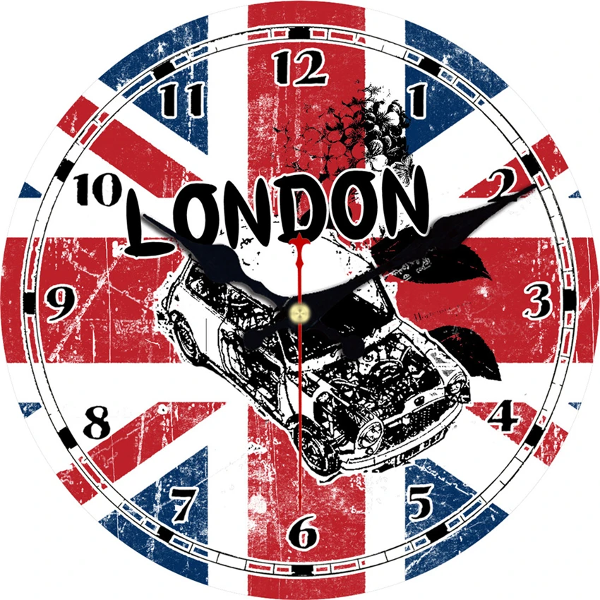 Винтажные ретро деревянные настенные часы Большие Лондонские британские флаги Улицы Старая машина Беззвучные Круглые 6 дюймов.