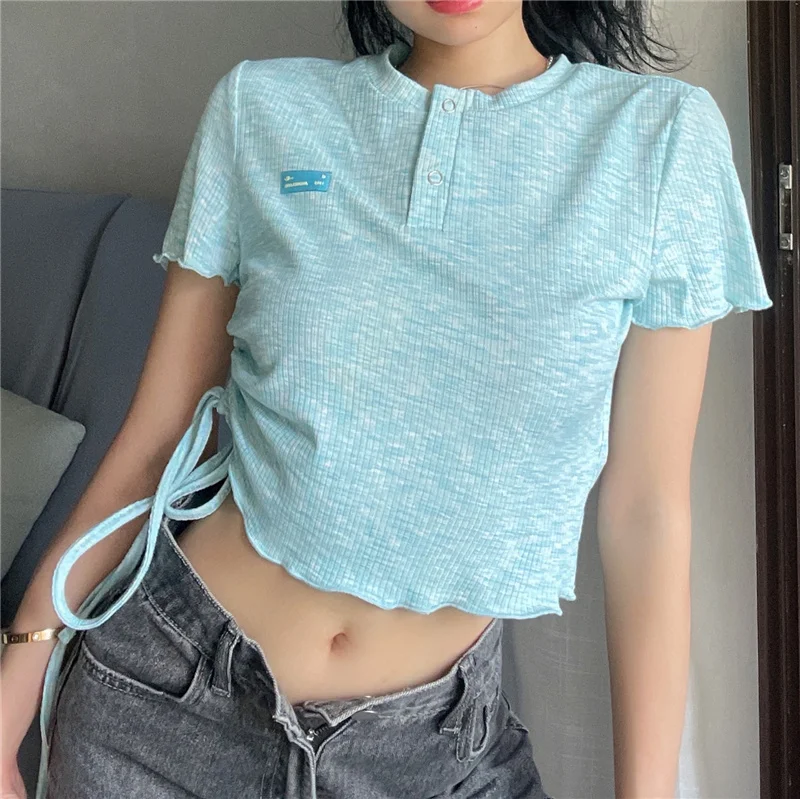 

Kywommnz Women T-shirt With Tie Summer 2021 Side Bandage Short Thin Top Short Sleeve Navel O Neck Buttons T Shirt E3090