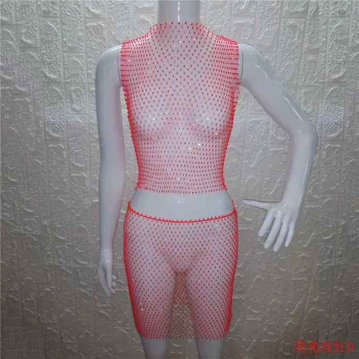 neon rose red O-neck Блестящие Кристальные Стразы, женская одежда, сетчатые Прозрачные топы, клетчатые сексуальные мини юбки, летний комплект из 2 предметов, Клубные, трендовые - Цвет: neon rose red O-neck
