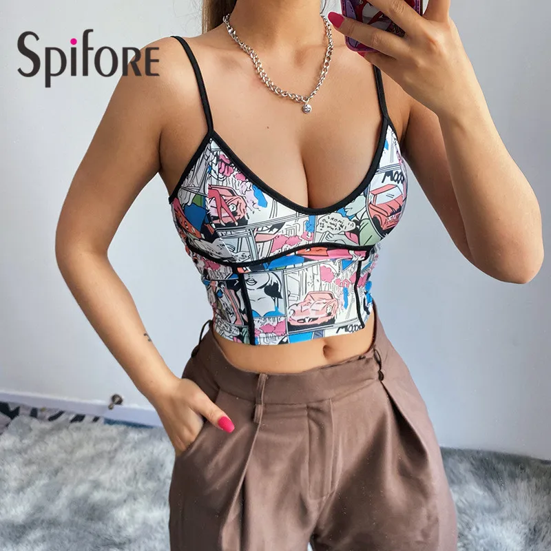 

Spifore сексуальный принт с героями мультфильмов; Сезон Лето Топы 2021, без рукавов, на лямках, женские майки Y2K в уличном стиле с низким вырезом на...