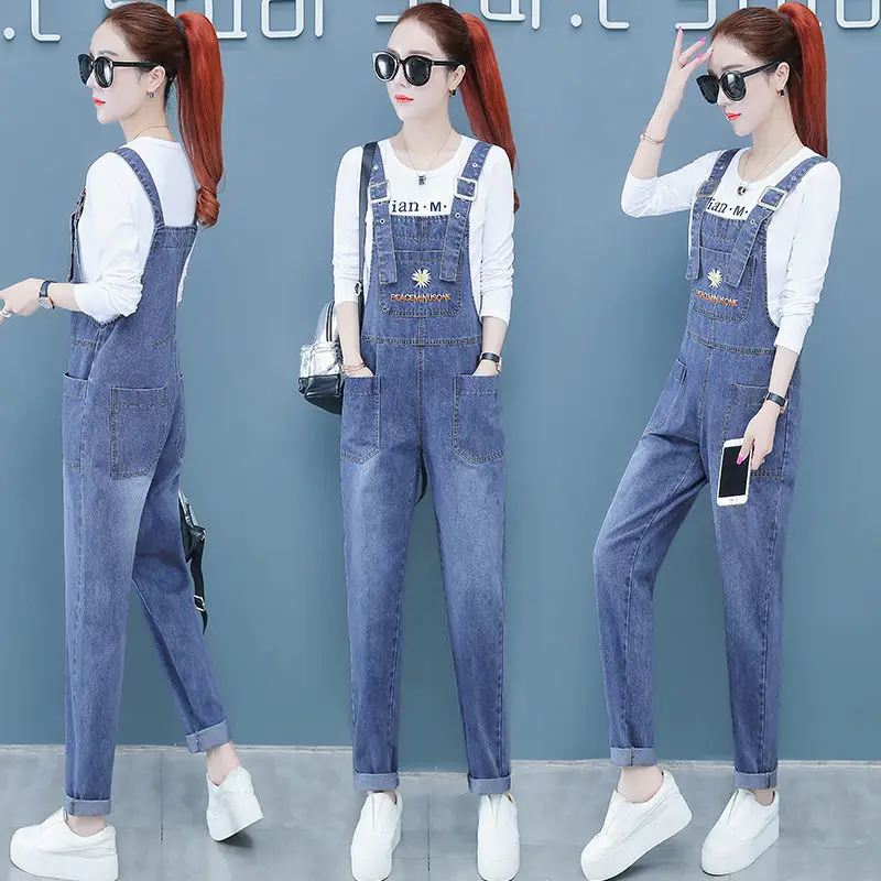 

Fashion Spring Autumn Female Print Denim Overalls Ladies Vintage Casual Jeans Women Loose Straight Trousers Plus Size X121