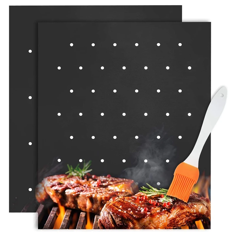 

Grill Mat Set of 2 -NonStick BBQ Grill Mats with Holes - Smoky Flavor, Reusable and Easy to Clean - Works on Charcoal