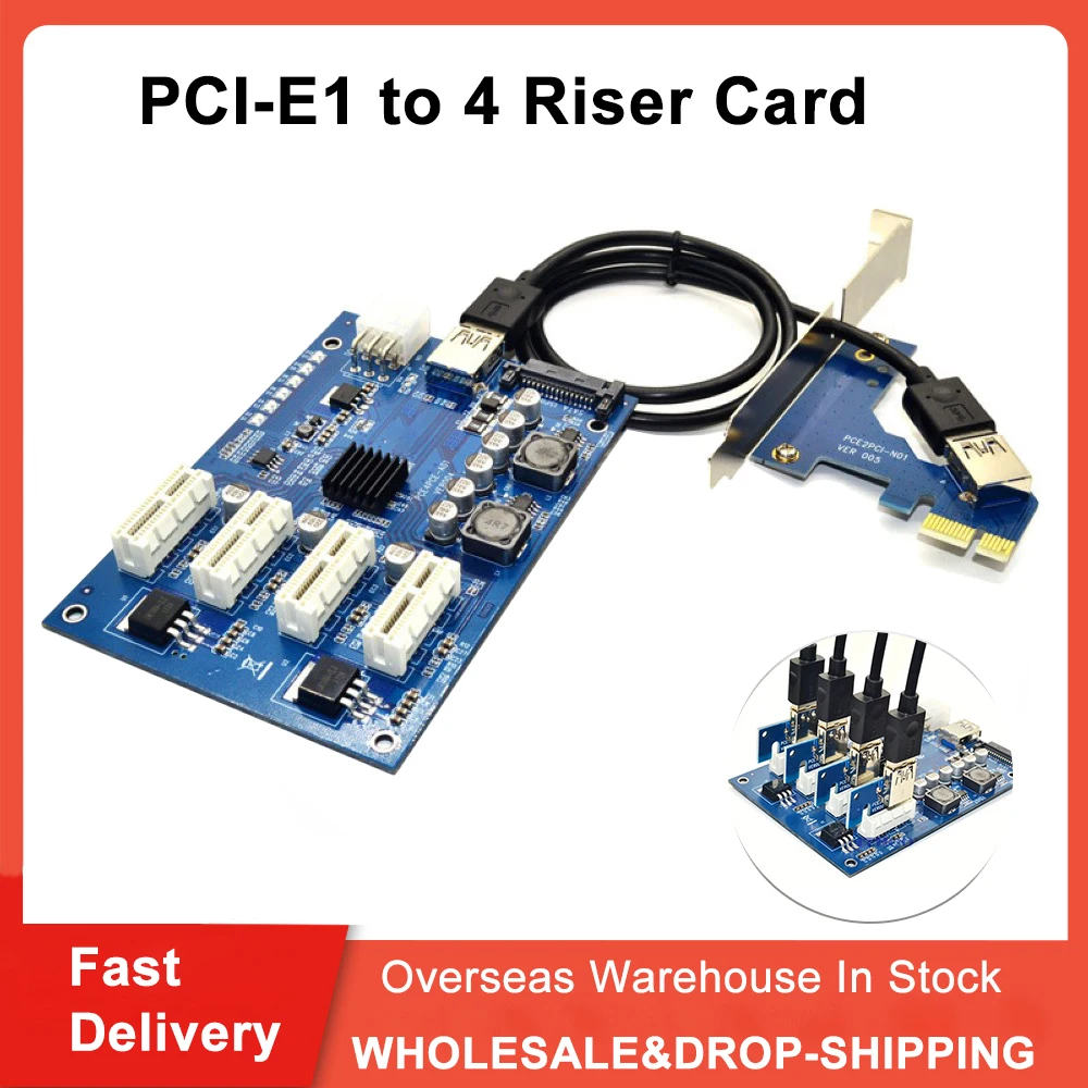 

1 Set PCI-E X1 to 4PCI-E X16 Expansion Kit 1 to 4 Port PCI Express Switch Multiplier HUB 6 Pin Sata USB Riser Card for BTC