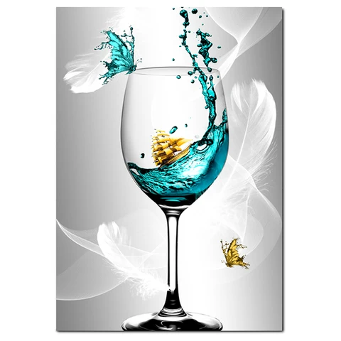 Европа синий бокал вина Бабочка Кубок холст живопись современные абстрактные нордические спиртовые постеры и принты настенное искусство домашний декор