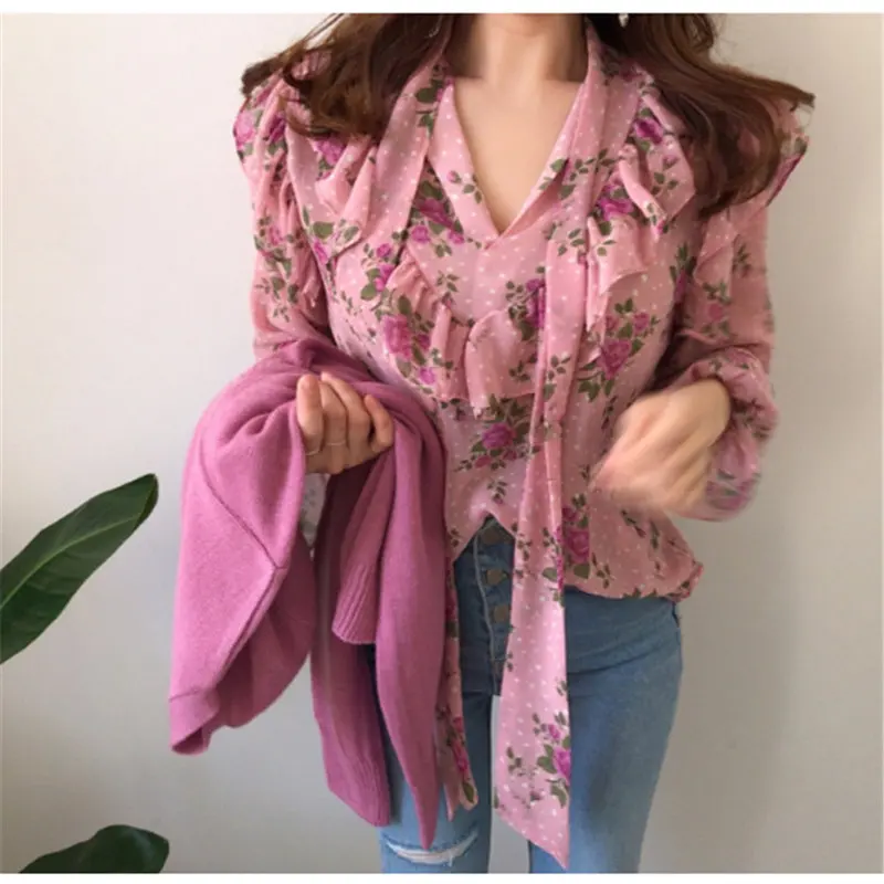 Женская шифоновая рубашка Alien Kitty элегантная свободная универсальная с цветочным