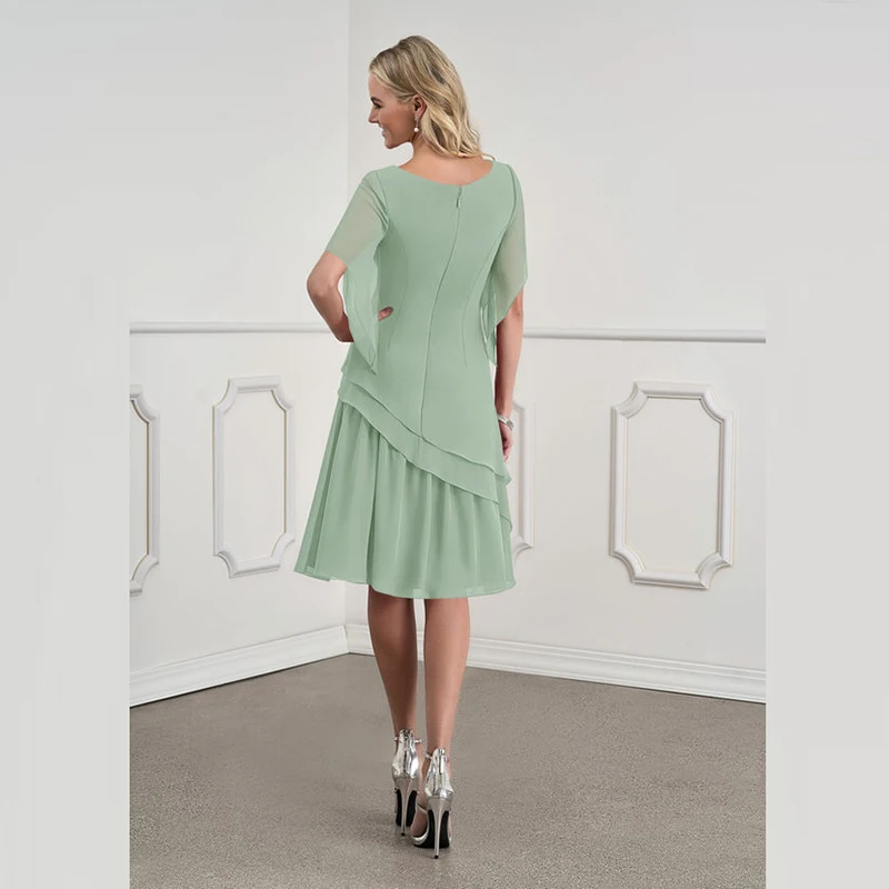 

2021 Mint Green Short Chiffon Jewel Neck Mother of the Bride Dresses Knee Length Short Sleeve Wedding Party Gowns