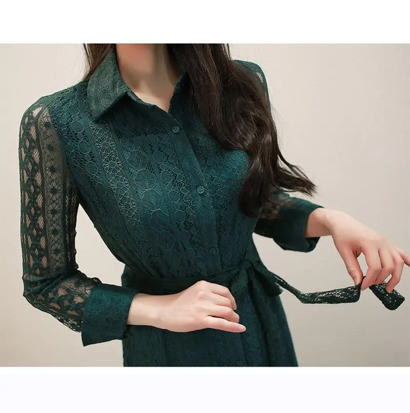 

2019 Vintage Style Woman Lace Dress Autumn Long Sleeve Turn-down Collar Shirt Long Dress Lace Up Party Dress Casual Vestidos