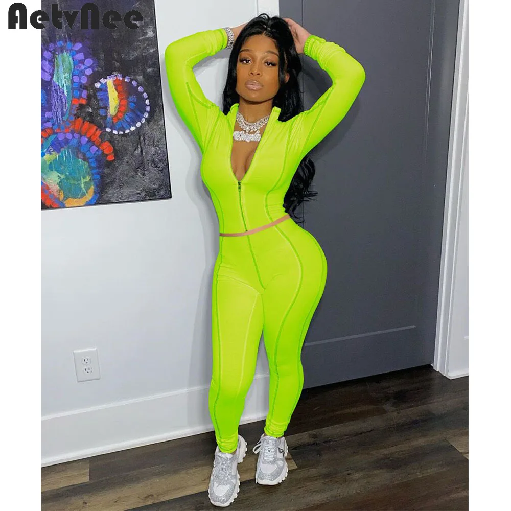 

Осенний Однотонный женский спортивный костюм с длинным рукавом, укороченный топ на молнии, эластичные брюки-джоггеры, комплект из 2 предмет...