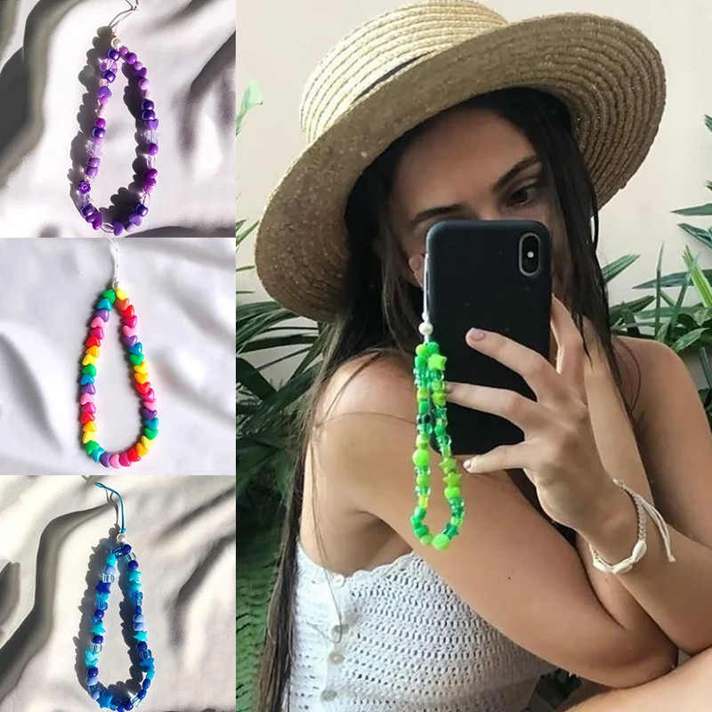 

Boho Rainbow Bead Phone Lanyard Chain Acrylic Charm Beads Chain Mobile Phone Strap Cord Wrist Hanging Rope Chains