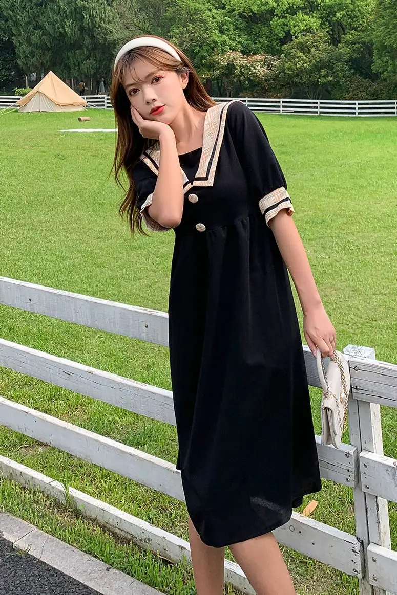 

COIGARSAM 4XL Plus Size Short Sleeve Women Long dress High Waist Dresses Black 6115