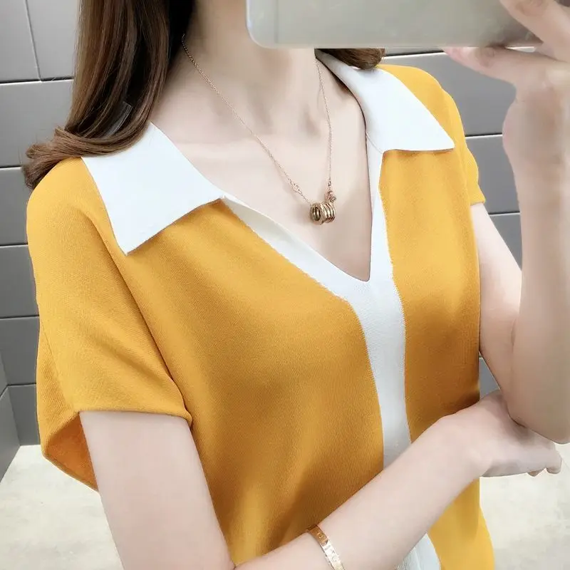 

Женский трикотажный свитер, футболка, пуловер с коротким рукавом и V-образным вырезом, эластичная Стильная Футболка реглан, женские весенне-...