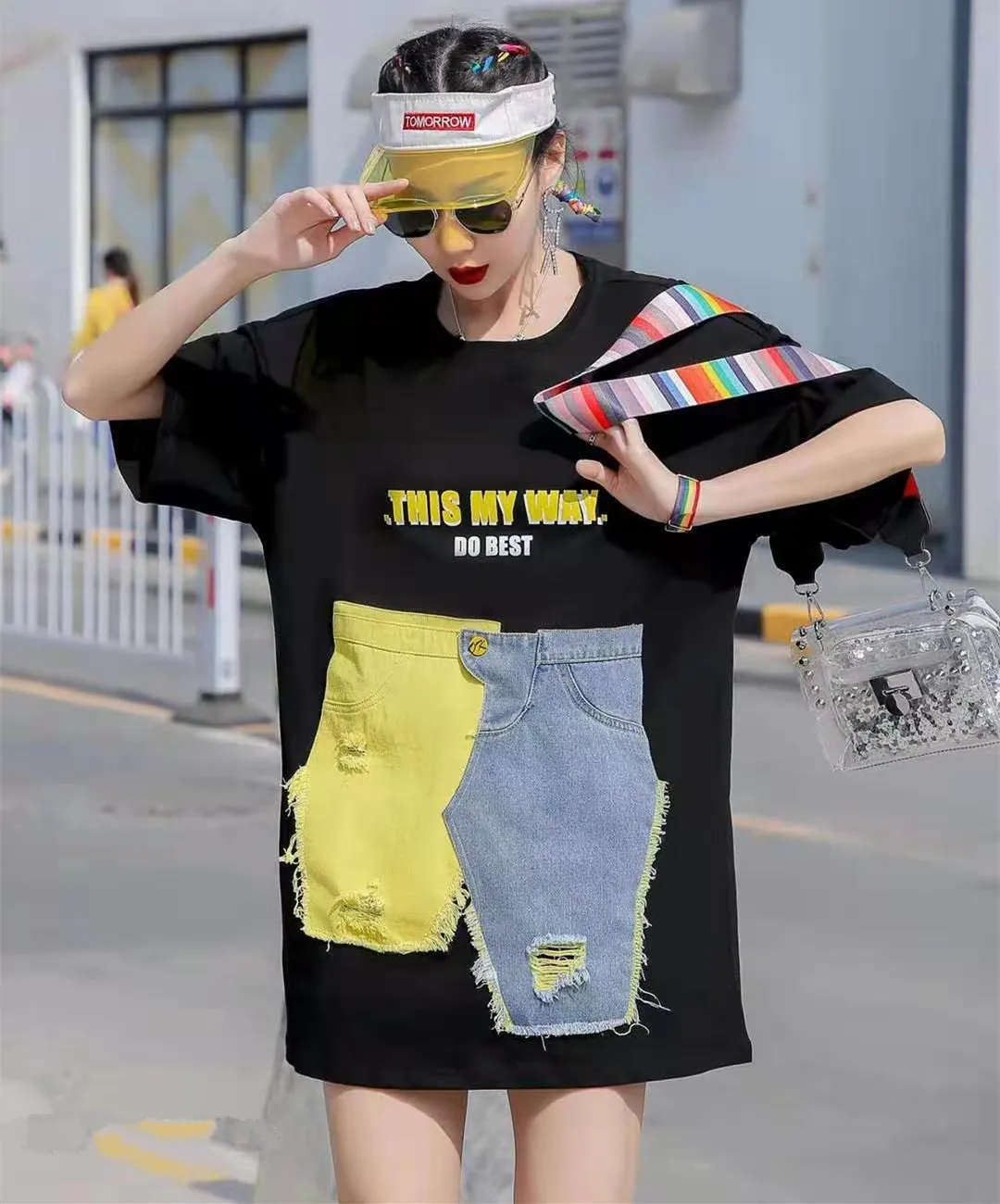 

QING MO Fashion Brand Women Casual T Shirt 2021 Women Denim Patchwork T Shirt Female Letter Printed T Shirt ZQY6732