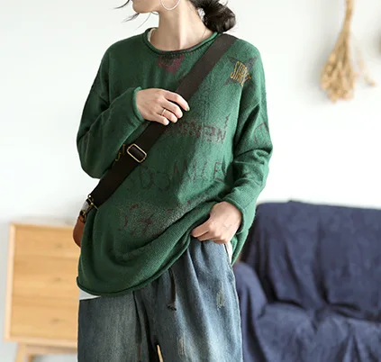 Autumn Sweater Women Fashion Loose Knitting Pullovers 2019 New Female Tops O-Neck Long-sleeved Print Letter Casual | Женская одежда