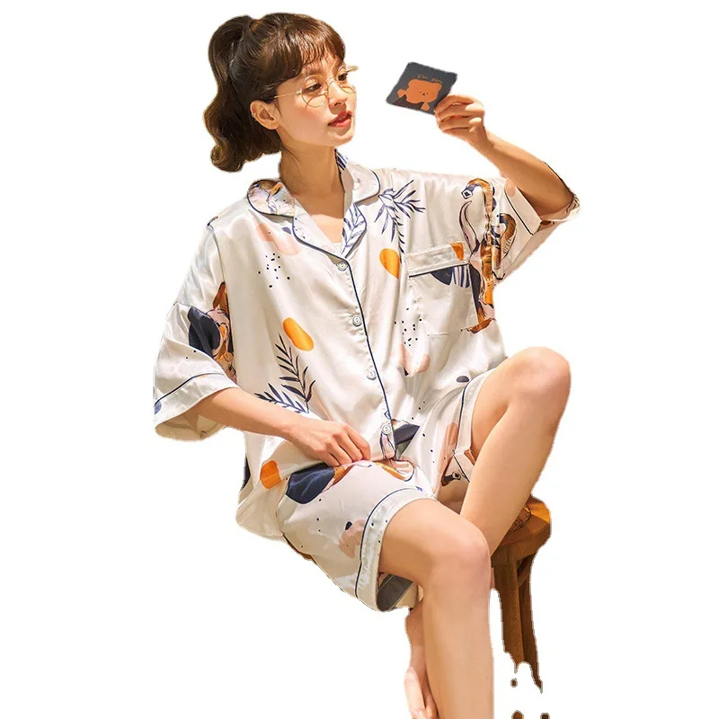 Ice Silk Pajamas Women's Summer Short Sleeve Thin 2Pcs Sets Silk Like Sexy Nightwear Cute Large Size Home Wear Sleepwear