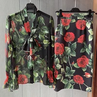 high quality womens half skirt vintage rose printed holiday party bowknot shirt silk ladies suit summer autumn 2021