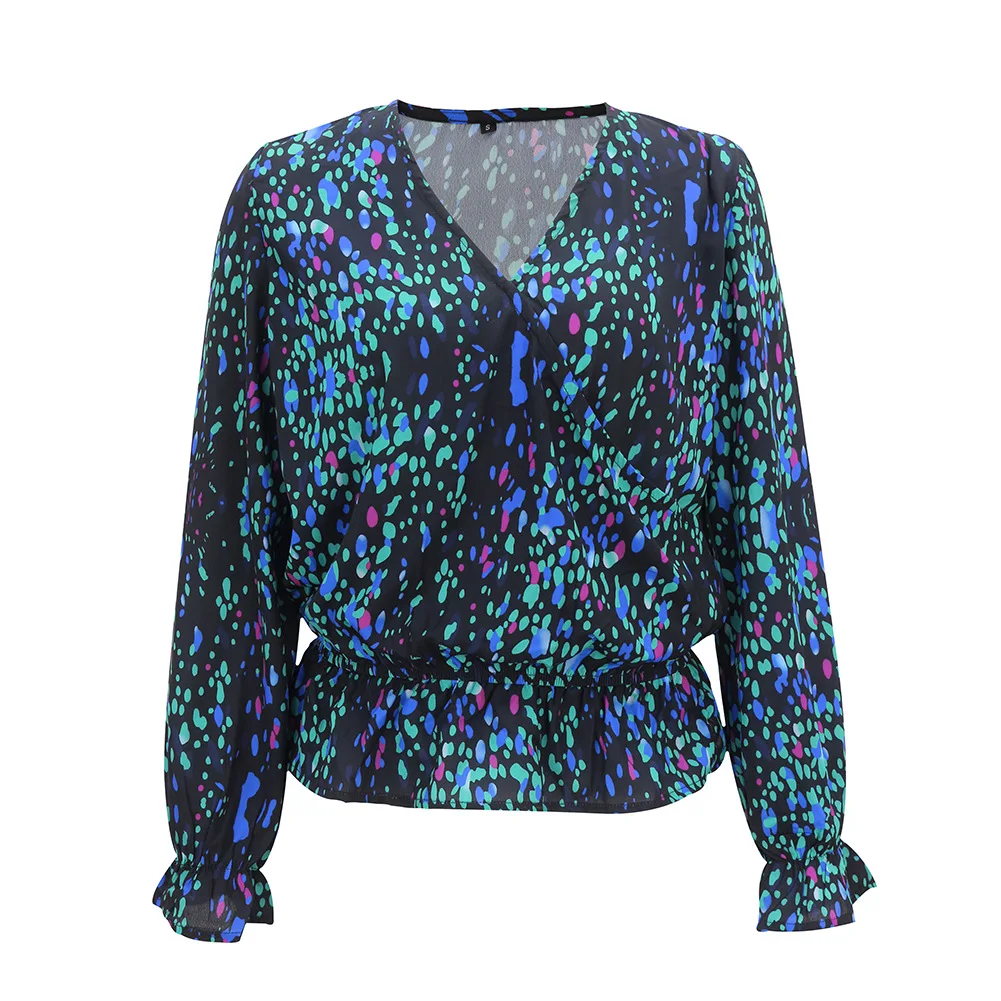 

Fashion Women's Blouse New Summer Hot Sale Casual V-neck Pullover Floral Print Lotus Leaf Loose Long-sleeved Blouse Donsignet