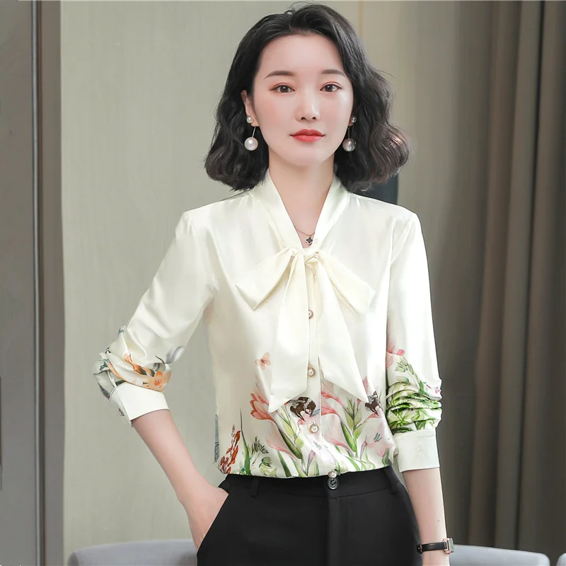 Женская атласная блузка TingYiLi Элегантная Шелковая Рубашка с цветочным принтом