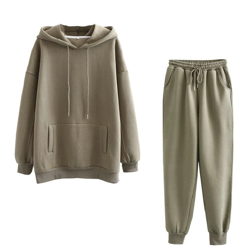 

thick Women Autumn fleece Winter 200% cotton suit 2 pieces sets hoodies 2021 sweatshirt and pants suits