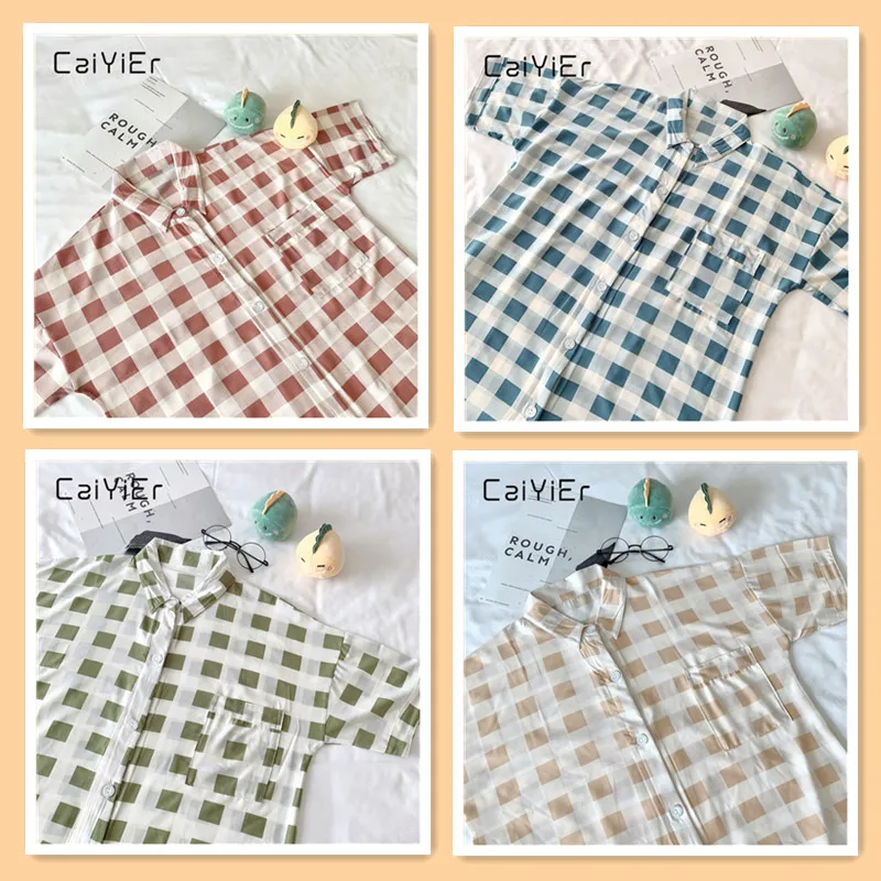 

CAIYIER Summer Polyester Silk Short Sleeved Sleeping Dress Ladies Nightgowns Blue Green Pink Pajamas Plaid Loose Dress Homewear