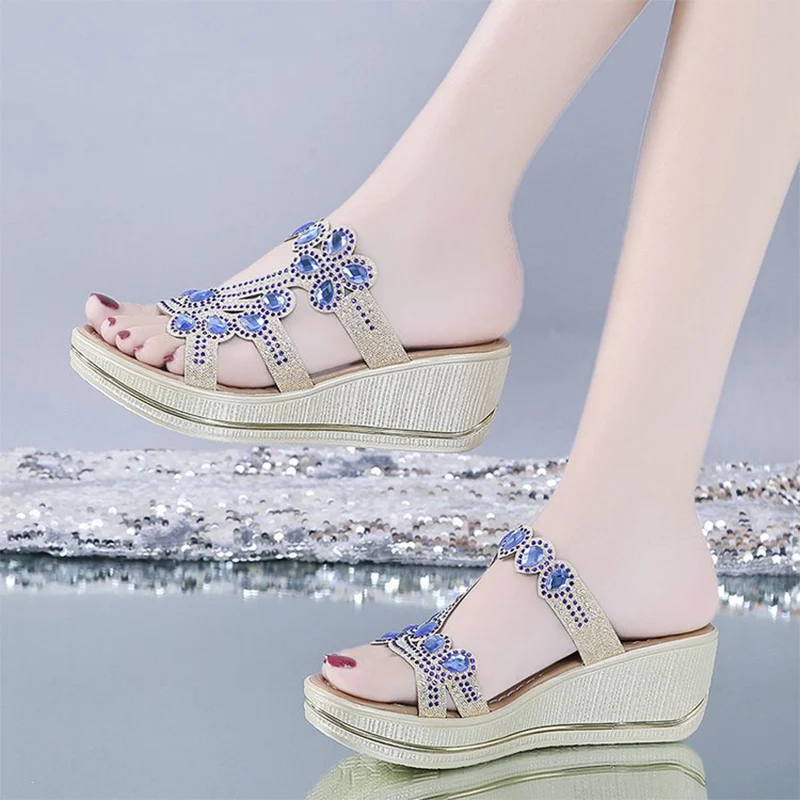 Летние женские шлепанцы с драгоценными камнями Повседневная обувь открытым
